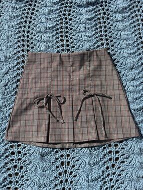 21 Saints Women’s Plaid Mini Skirt Front Bow Detail Light Academia Old Money
